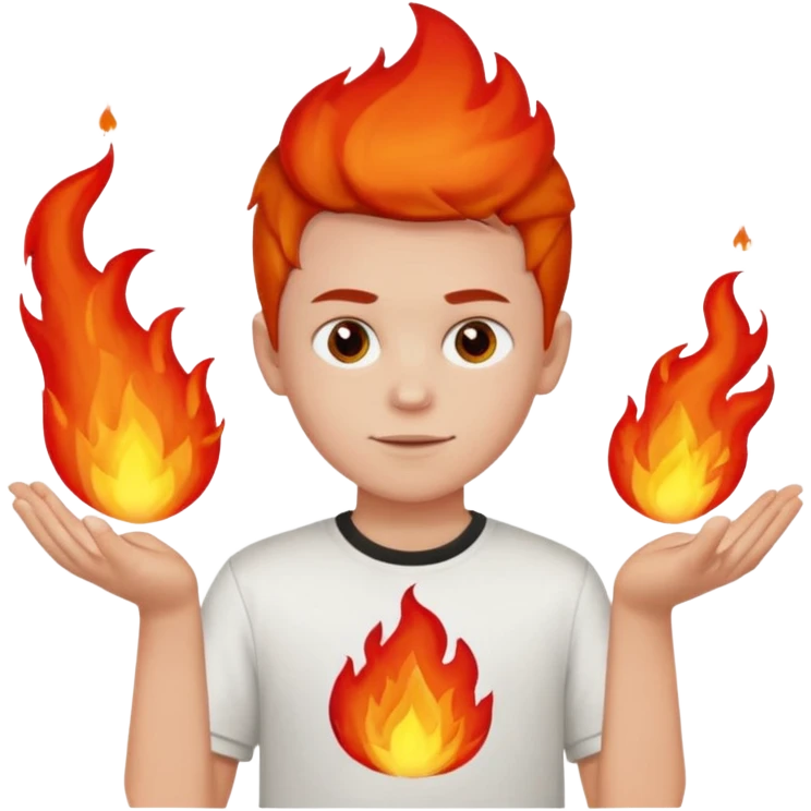 A boy with no hands fire instead made out of red fire and the boy is wearing a shirt that says FIRE CREATOR  emoji