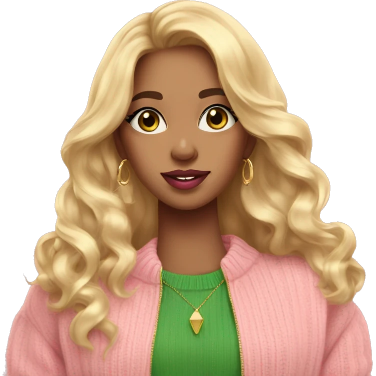 girl pink sweater pink lipstick green eyes gold earrings pink nails golden wavy long hair full body emoji