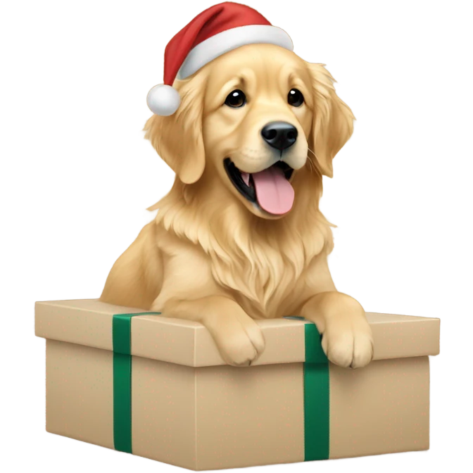 Golden retriever sitting on beige Christmas present  emoji
