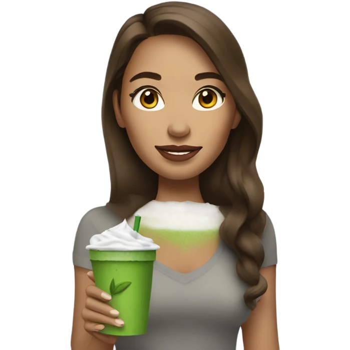 Woman with long brown hair drinking iced matcha wearing AirPods  emoji