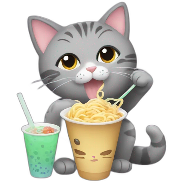 grey cat eating noodles next to bubble tea emoji