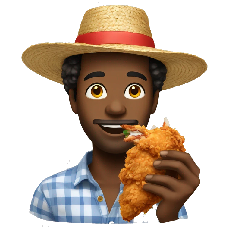 Black man eating spicy fried chicken while wearing a straw hat emoji