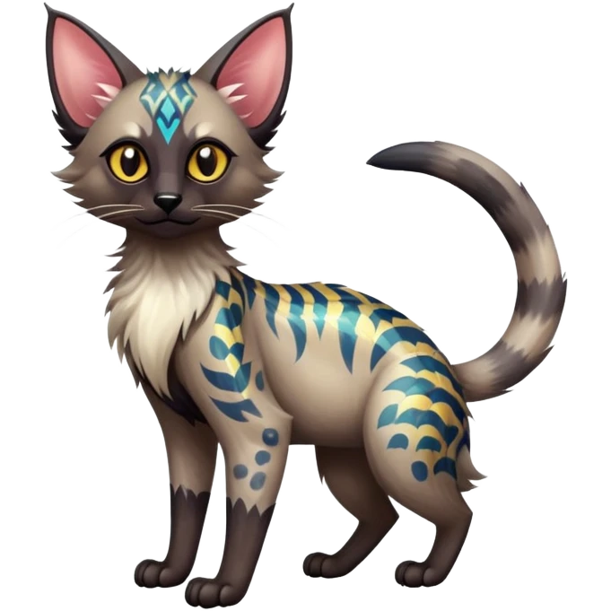 Colorful exotic tropical shiny Fantasy-Siamese-Fakémon-Lykoi-feline-hybrid (full body) emoji