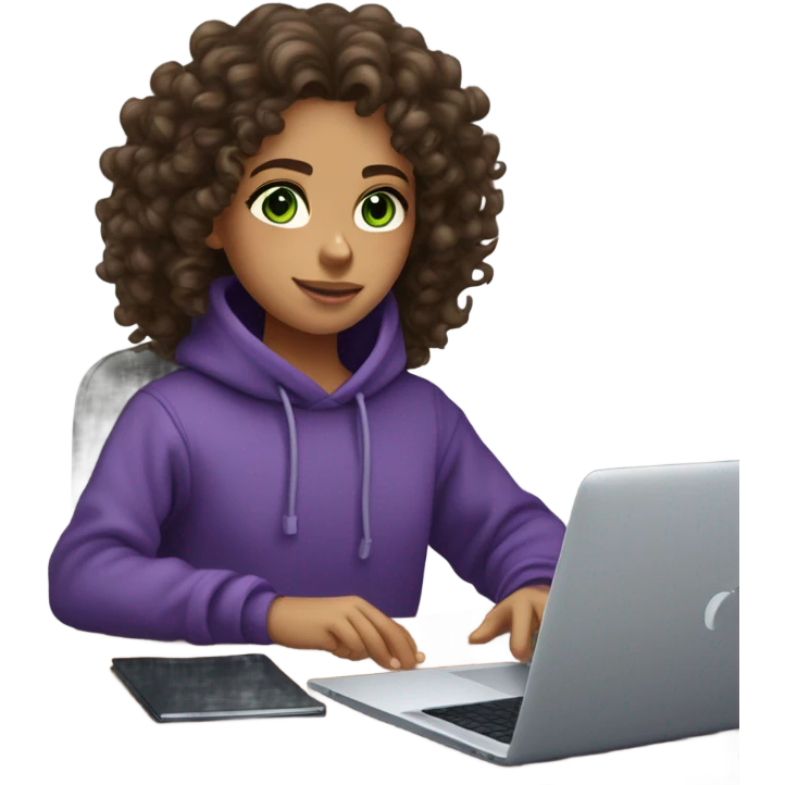curly, fair-skinned girl with green eyes and dark brown curly long hair, designer, sitting at her laptop, wearing a purple coloured oversize sweatshirt. emoji