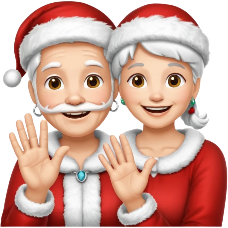 SANTA Y MAMA CLAUSE SONRIENDO CON ORTODONCIA EN DIENTES Y MANO SALUDANDO 5 DEDOS emoji
