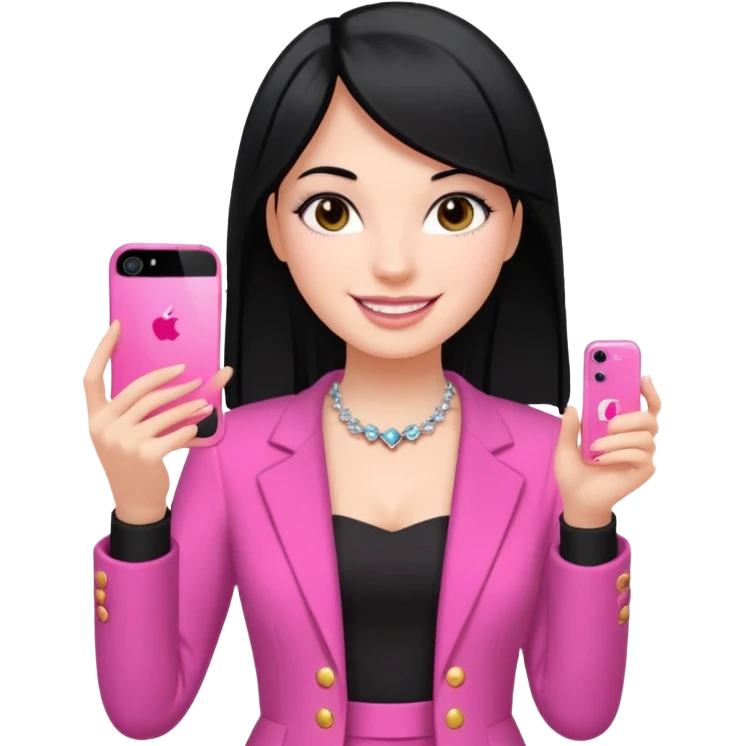 chica blanca con pelo negro liso sosteniendo con una sola mano un celula iphone 13 rosa, con vestimenta d salir de fiesta emoji