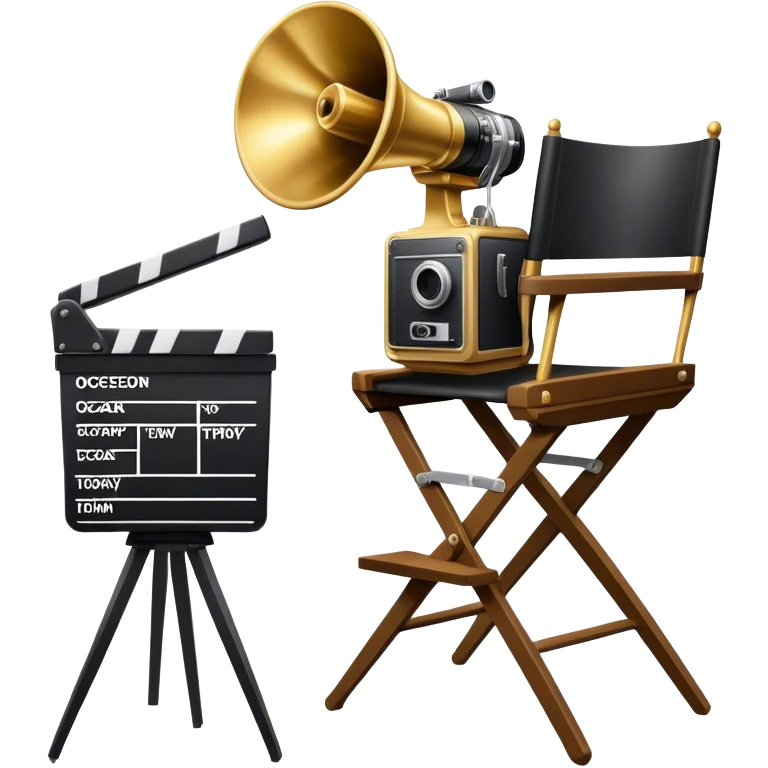 Professional icon for Directing: a collage featuring a director's chair, a film camera, a megaphone and an Oscar trophy. The icon should represent the craft and creativity of film directing, with emphasis on leadership and cinematic artistry. Transparent background. emoji