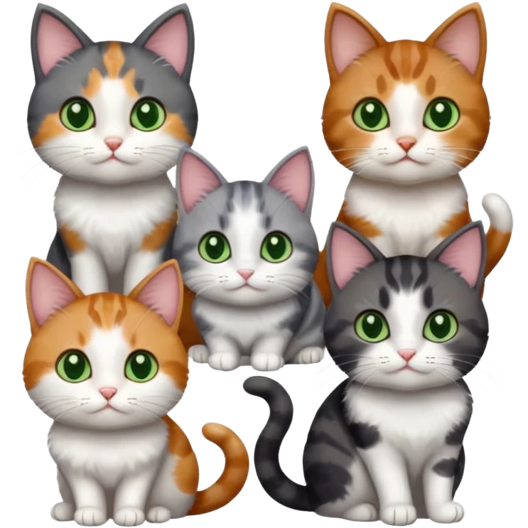 6 different coloured small cats including a dark grey and white, and a patchy calico, and a brown tabby and white,  and a completely solid dark grey with green eyes and only white paws emoji
