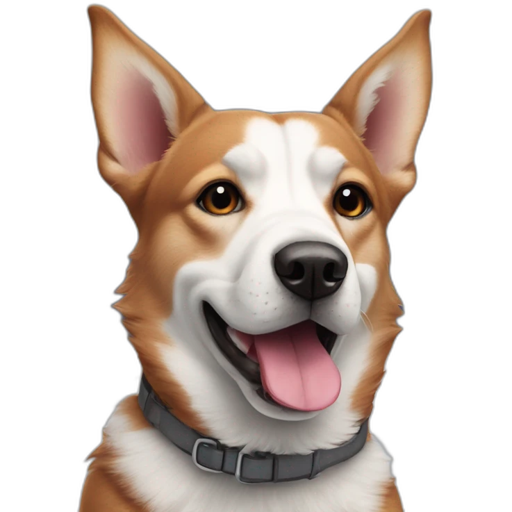 a red-gray dog with erect ears, against the background of snow, shows his tongue emoji