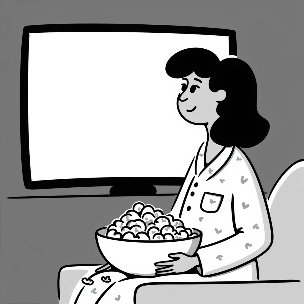 Hand-drawn person in pajamas watching movie at home with a big bowl of popcorn, tv light glowing emoji