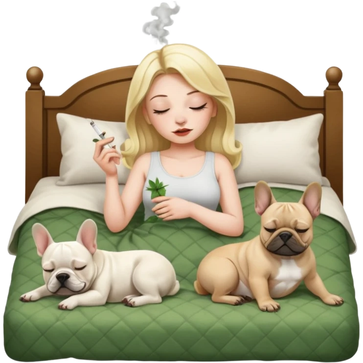 Sleeping weed smoking blonde women with French bulldogs on the bed emoji