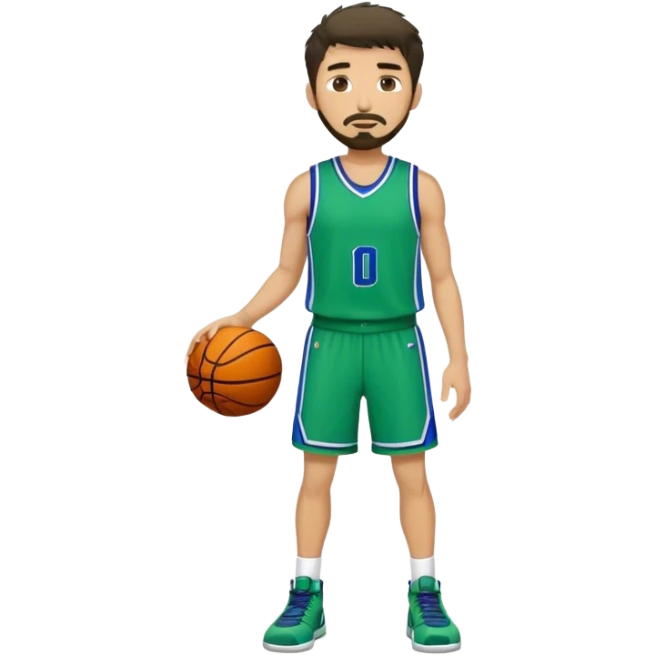 Full Body white male basketball player with short dark shaggy hair and goatee wearing blue and green uniform emoji