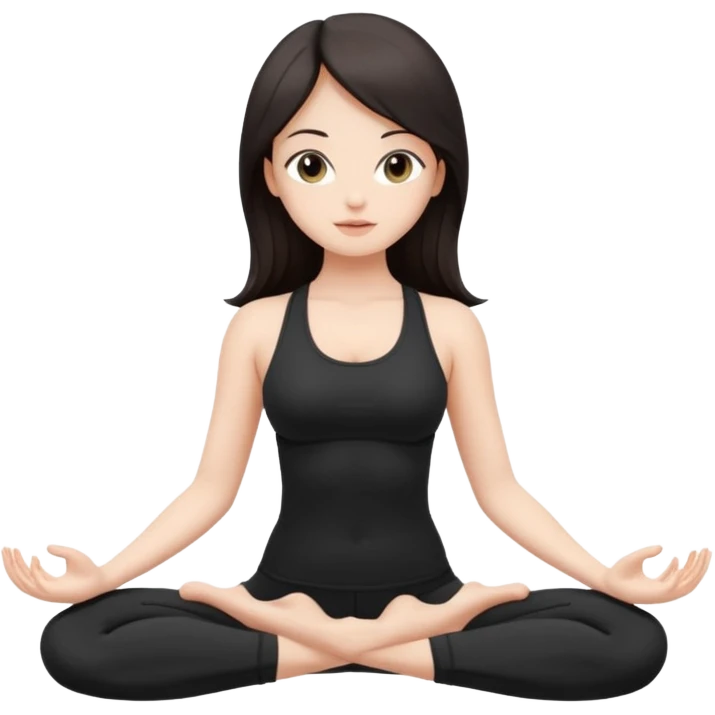 Девушка белокожая, с длинными темными волосами, в черной одежде для йоги, стоит в позе лотоса, в стиле бимбо пилатес, правильные пропорции, только человек emoji