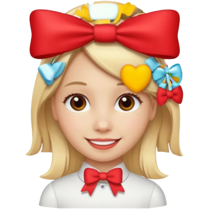["Fair skin female, straight blonde hair, small red bow clip."] emoji