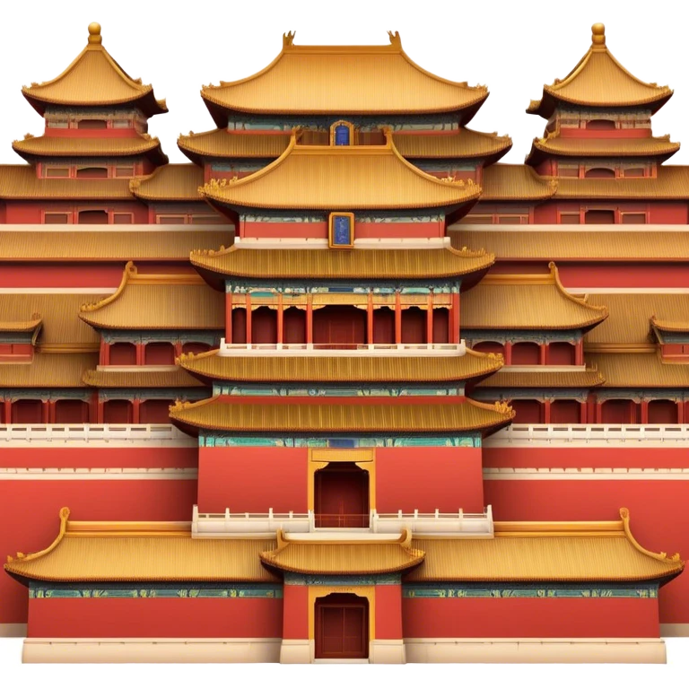 Cinematic Realistic Forbidden City Landmark Emoji, depicting grand imperial architecture with golden rooftops, vast courtyards, and intricate wooden carvings, all surrounded by towering red walls. emoji