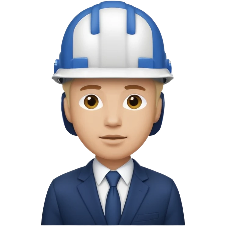a man in a strict dark blue suit, wearing a white construction helmet on his head emoji