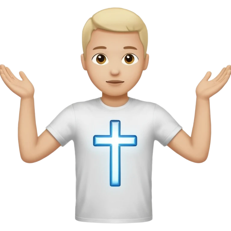 A person with the arms opened and extended forming a cross with their arms and body with t-shirt emoji