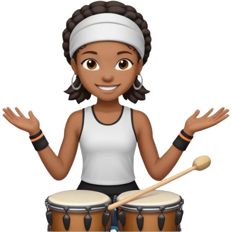 A black girl drummer with a sporty headband and clothes, tapping her drum rhythmically with a grin. emoji