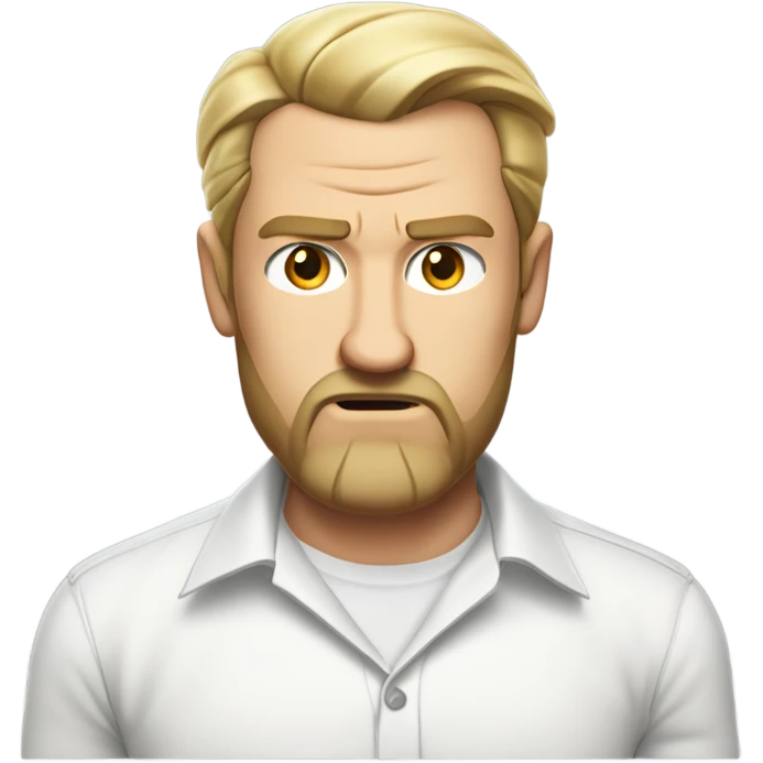 middle aged english man, short slicked back hair blonde, blonde medium length size full beard, eyesbrows angry, in a smart white unbuttoned shirt. emoji