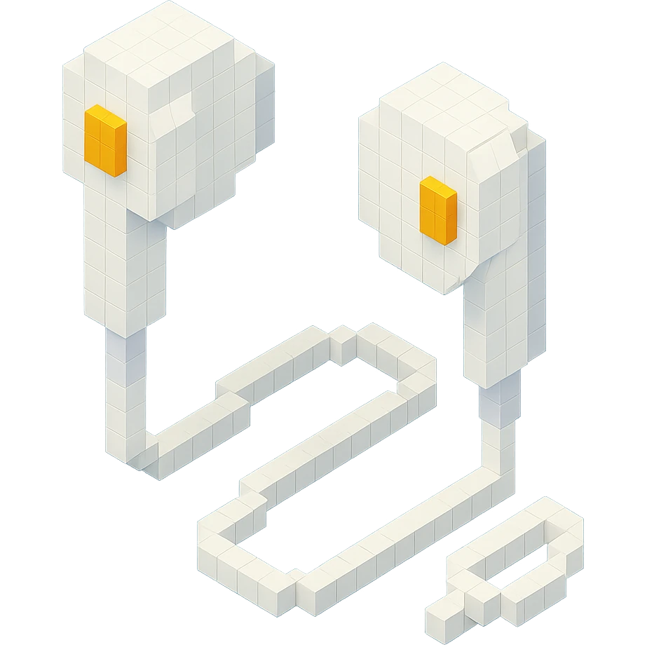 white Apple EarPods, isometric view, voxel style emoji