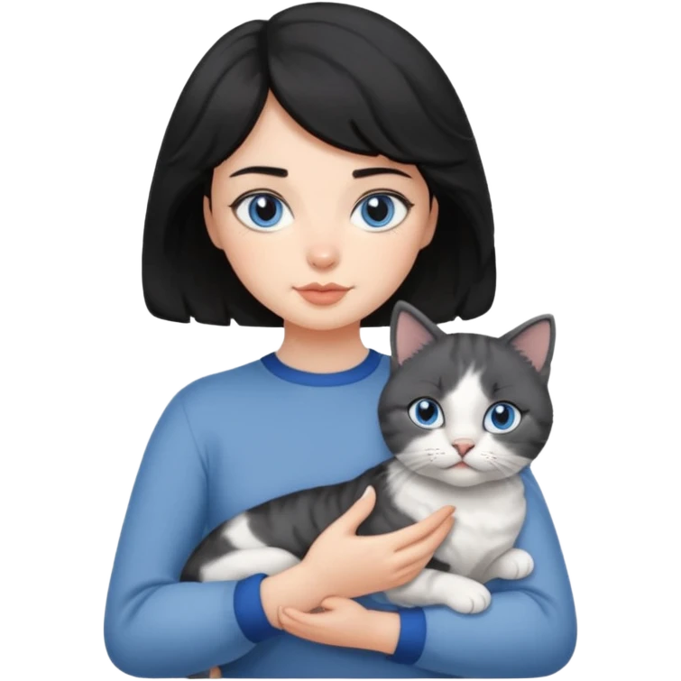 wavy black haired girl with a short haitcut holding a british cat emoji