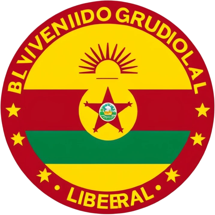 crear un sticker con colores rojo amarillo y verde con el siguiente texto: bienvenido al grupo partido liberal de bolivia emoji