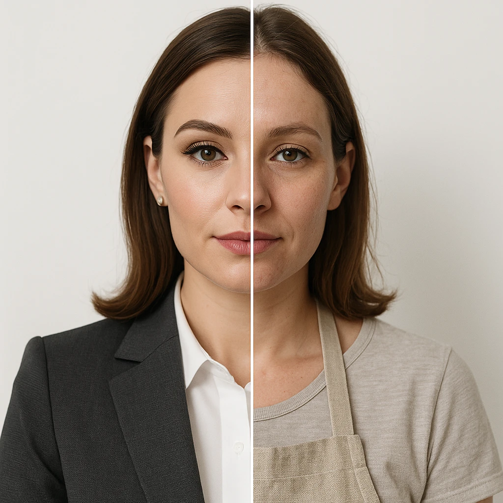 split-image of a woman, one half of her face with professional makeup and business office attire, the other half natural and makeup-free, wearing a kitchen apron like a homemaker, symmetrical composition, white background, realistic style, clear contrast between the two roles emoji