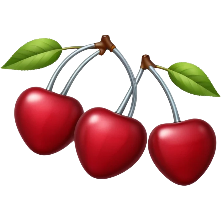 A pair of cherries emoji made of polished silver chrome, smooth rounded shapes, glossy metallic finish, soft highlights and reflections, cute proportions, iOS emoji style, centered, clean white background, no text emoji