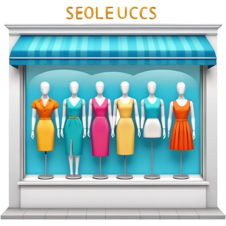 Storefront shop window with products displayed, mannequins, and clothing items emoji