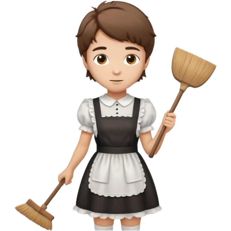 Guy with short shaggy brown hair wearing a cute maid dress, sweeping emoji
