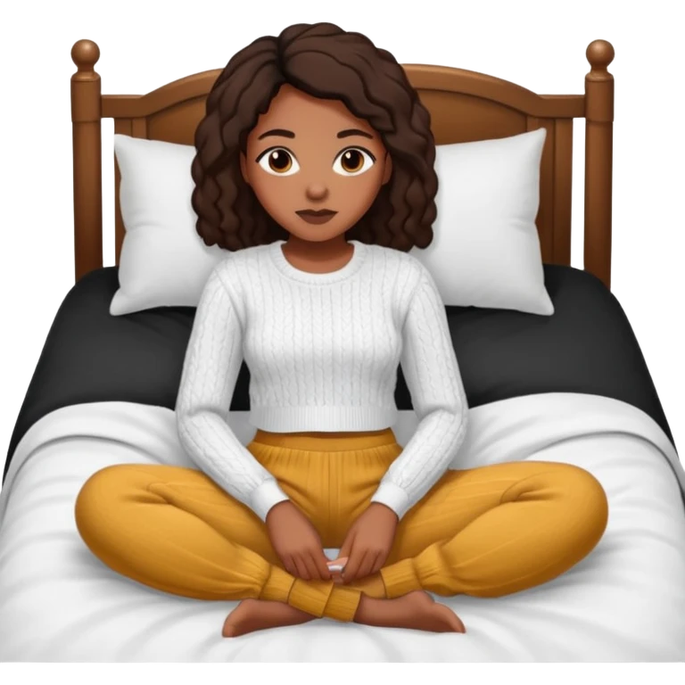 UNE FEMME DE COULEUR DE PEAU NOIRE HABILLE AVEC UN PULL BLANC ET JOGGING NOIR ET ELLE EST DANS SON LIT emoji