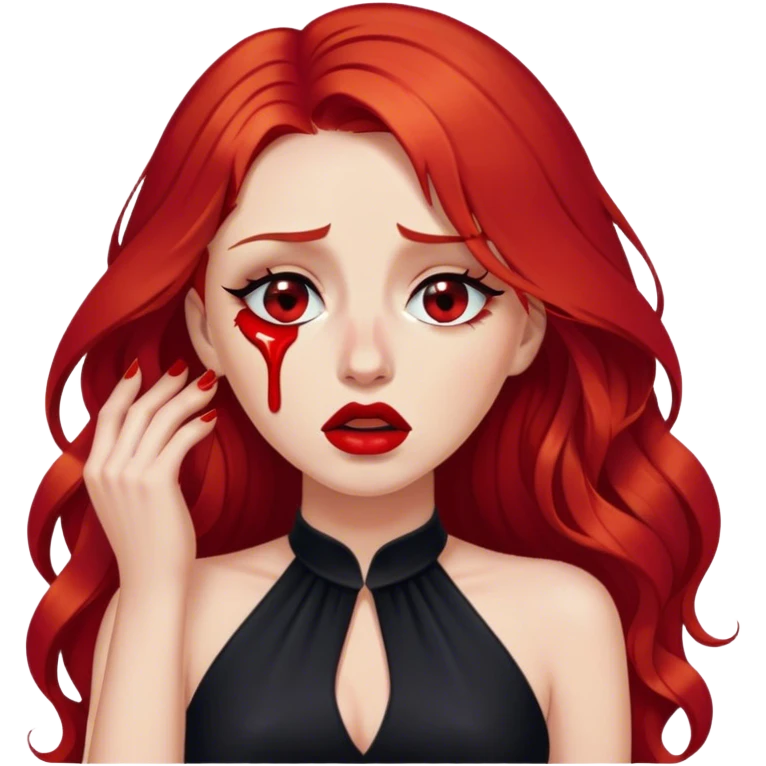 a crying woman with long red hair and red eyes. The woman wear a black little cutted dress. She have red lipstick and she have a seductive look. She cryed tears  emoji