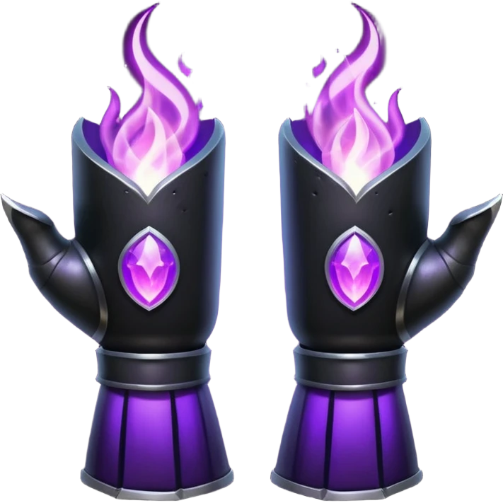 A Discord emoji of a pair of black armored gauntlets holding a flickering violet flame. The hands are positioned as if offering a gift. Dark gothic fantasy, glowing magical effects, high contrast, 2D vector style, white background. emoji