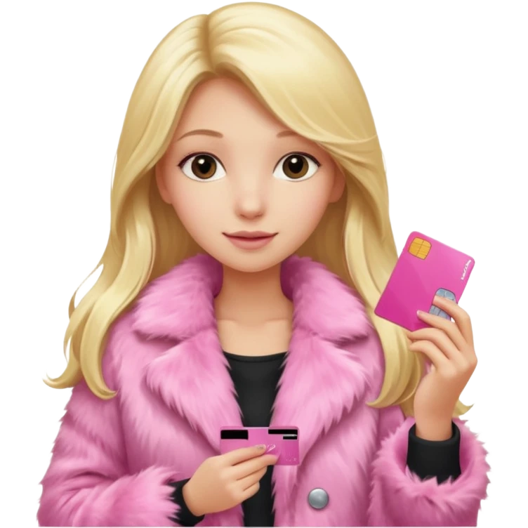 blonde long hair girl in a pink fur coat holding a pink credit card emoji