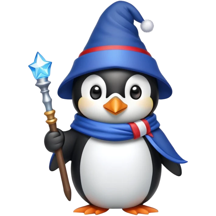 Penguin wizard wearing ushanka hat and holding magic wand with Russian flag colors emoji