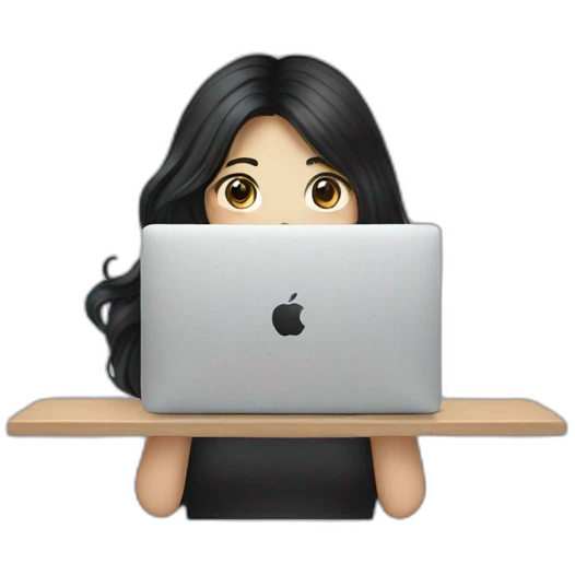 Korean girl behind of her macbook, long and wavy black hair emoji
