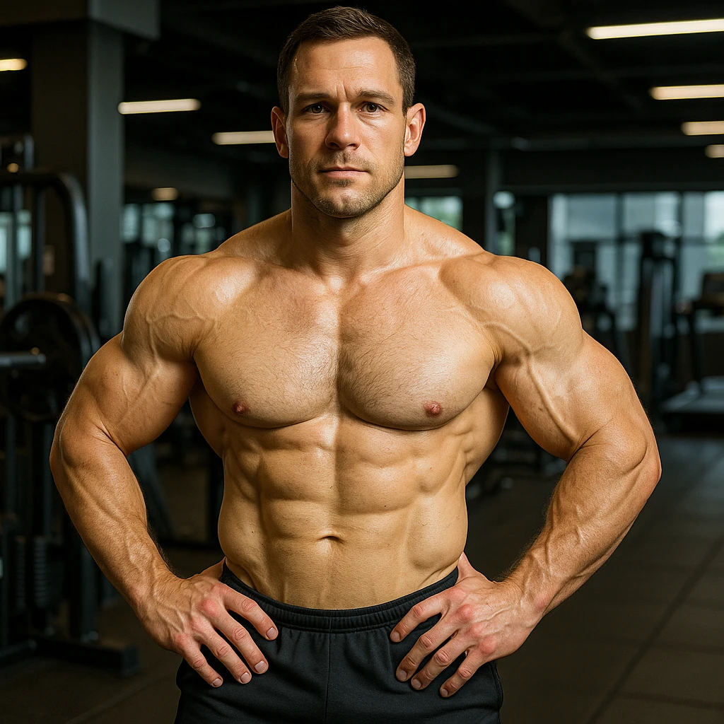 A 35-year-old bodybuilder con equilibrio su uso di sostanze e non. immagine iper realistica emoji