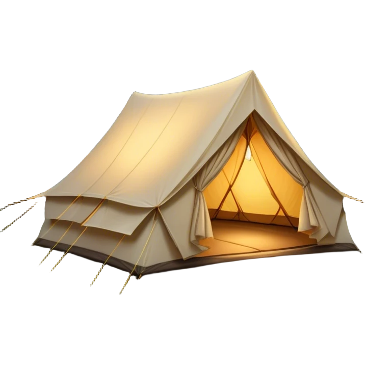 Cinematic Realistic Tent, a sturdy canvas tent nestled among tall trees, warm golden light spilling from inside, gentle folds in the fabric visible, glowing against the cool, dark forest backdrop, evoking a sense of adventure and comfort. emoji