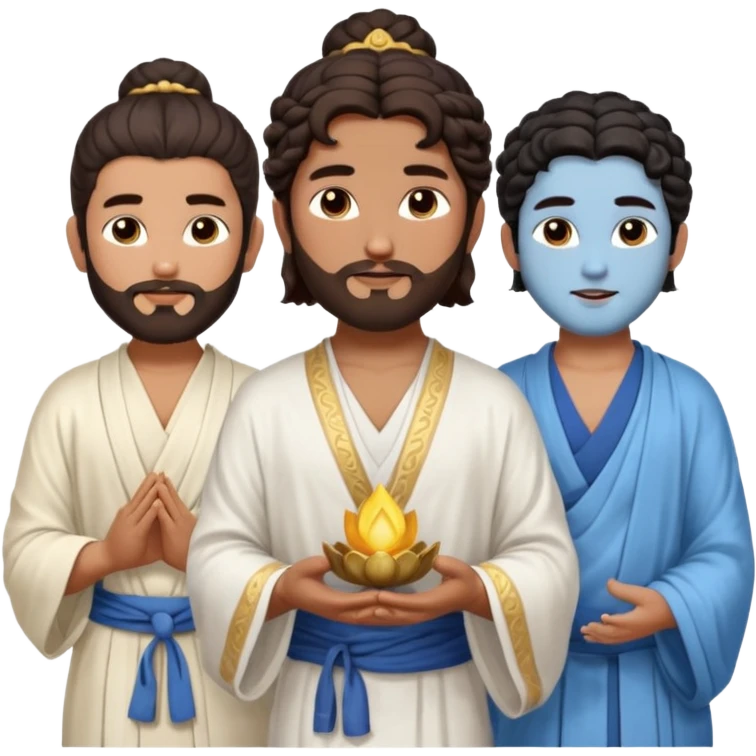 Create a Jesus - men long wavy dark-brown hair, short beard, wearing a simple white robe., Krishna- men blue skin with dark curled hair , and Buddha standing together. Buddha: men warm golden or light tan skin, dark curled hair with a traditional top bun (ushnisha)

 emoji