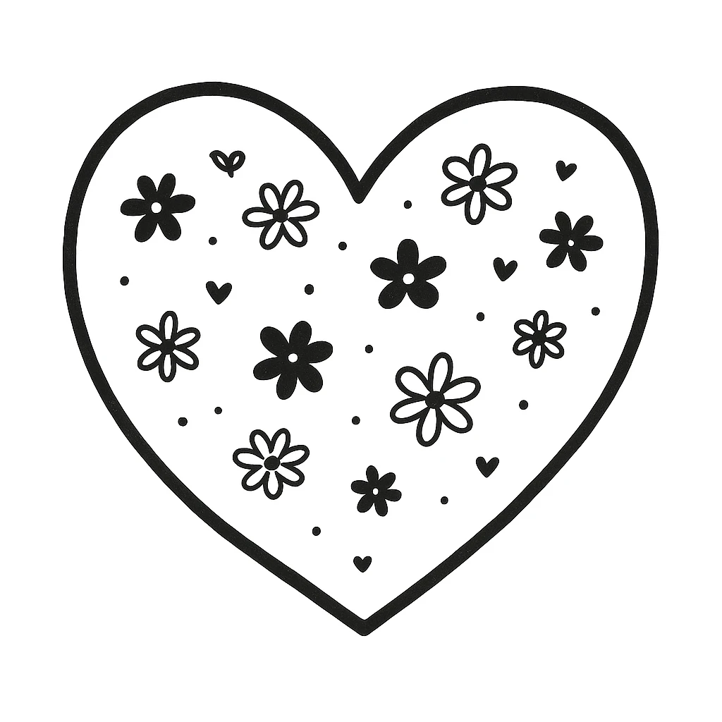 Remove the cat from the image, keep only the heart and floral doodle decorations in a hand-drawn doodle style. The style should resemble notion style hand drawn doodles with delicate floral elements and a whimsical artistic feel. emoji