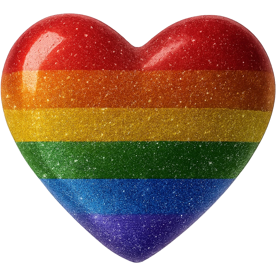 Add a glitter effect to the 3D floating realistic glossy pride heart in photorealistic style with no background. Enhance the sparkling glitter details on the glossy surface of the heart to make it shimmer realistically. emoji
