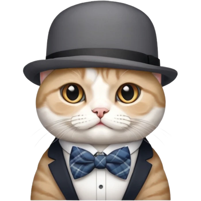 Cinsi scottish fold olan rengi Gri beyaz olan şapka ve papyon takan kedi emoji