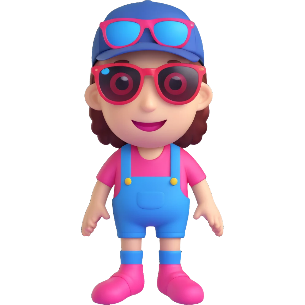 character with red and white coloring, pink eyes, blue sunglasses, smiling face, red socks, black and yellow hat emoji