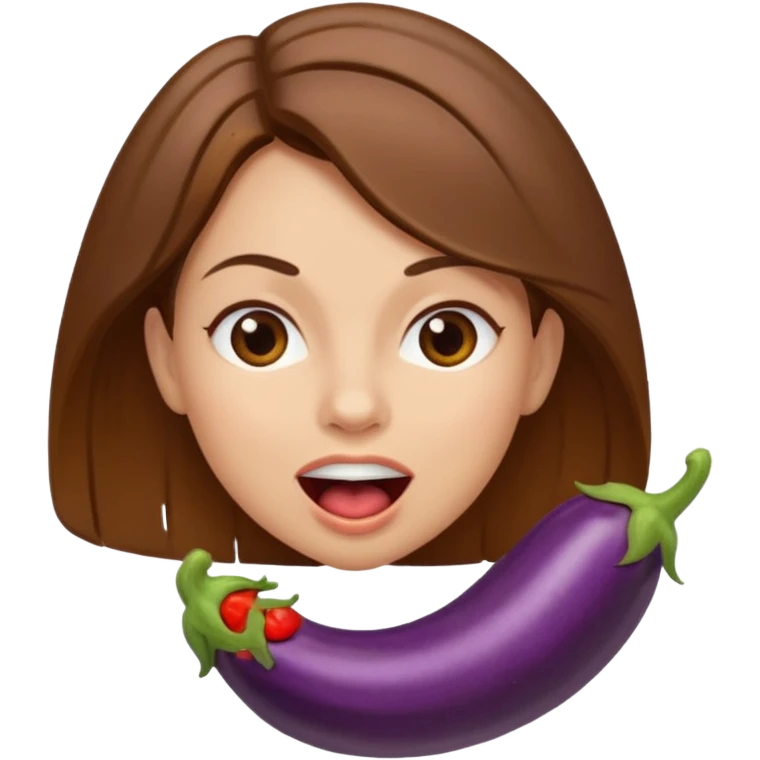 Brown hair light skin woman mouth open about to eat an eggplant emoji