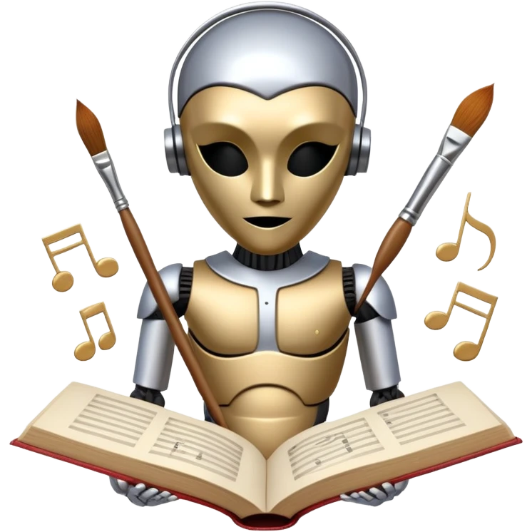 A metallic humanoid figure whose torso is a circle divided into 4 clear segments, each segment containing a distinct icon: paintbrush (visual arts), music note (musical arts), theater masks (theatrical arts), and an open book (literary arts) emoji