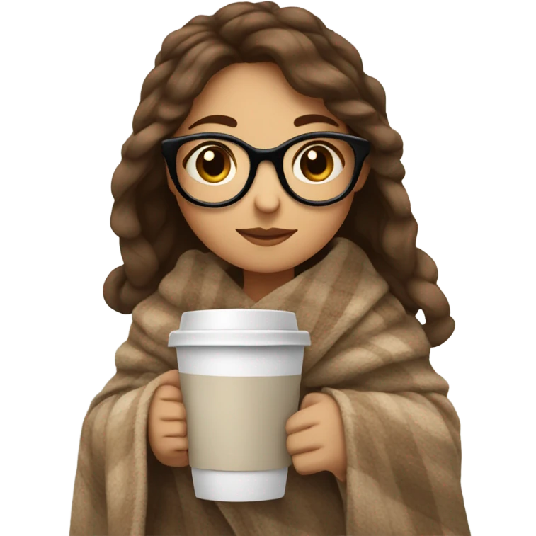 Brown hair Girl drinking coffee, with a cozy blanket, glasses emoji
