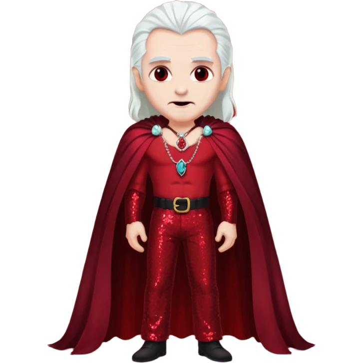 Dracula with long white hair, dark red sequin baggy pants, shirtless with necklace, dark red sequin cape emoji