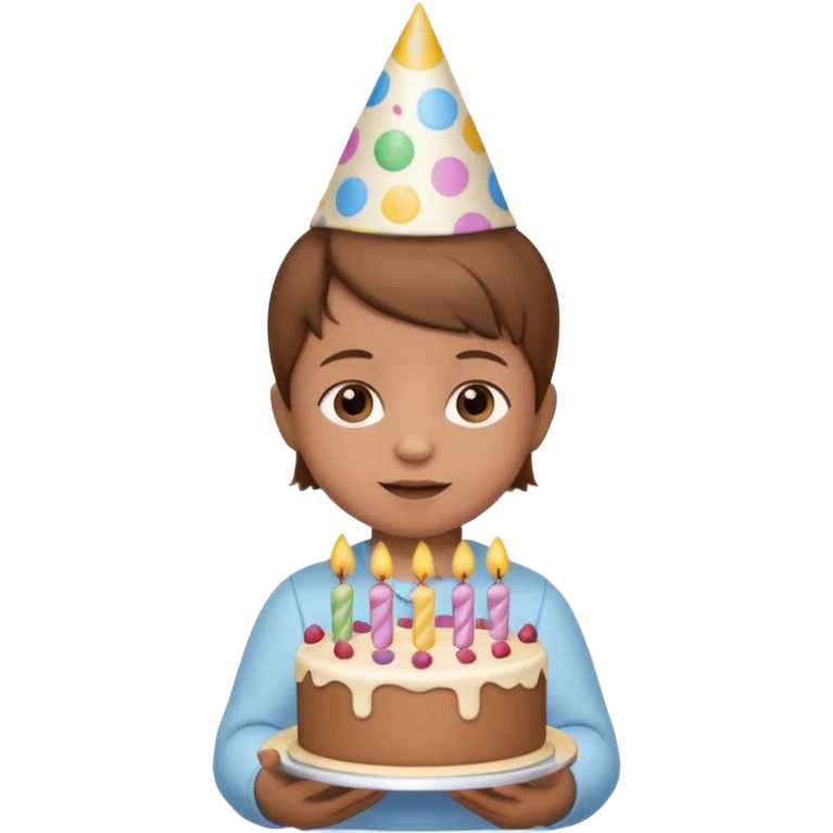 with brown hair cute baby wearing birthday hat with birthday cake emoji