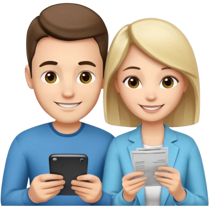 casually dressed stylish  looking husband and wife avatars reviewing their finances together  emoji