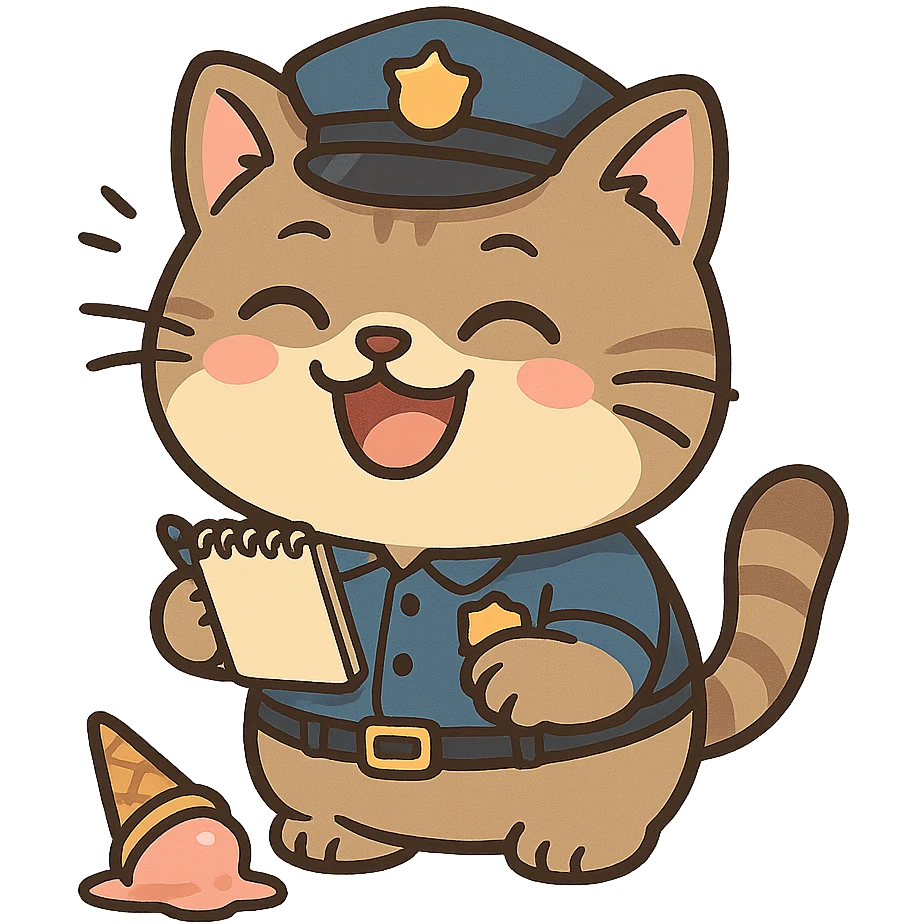 chubby police cat with big grin, holding notepad, giggling at spilled ice cream cone as the crime, lighthearted and funny emoji